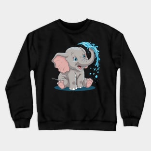 A Cute Baby Elephant Spraying Water With Its Trunk Looking Playful Crewneck Sweatshirt